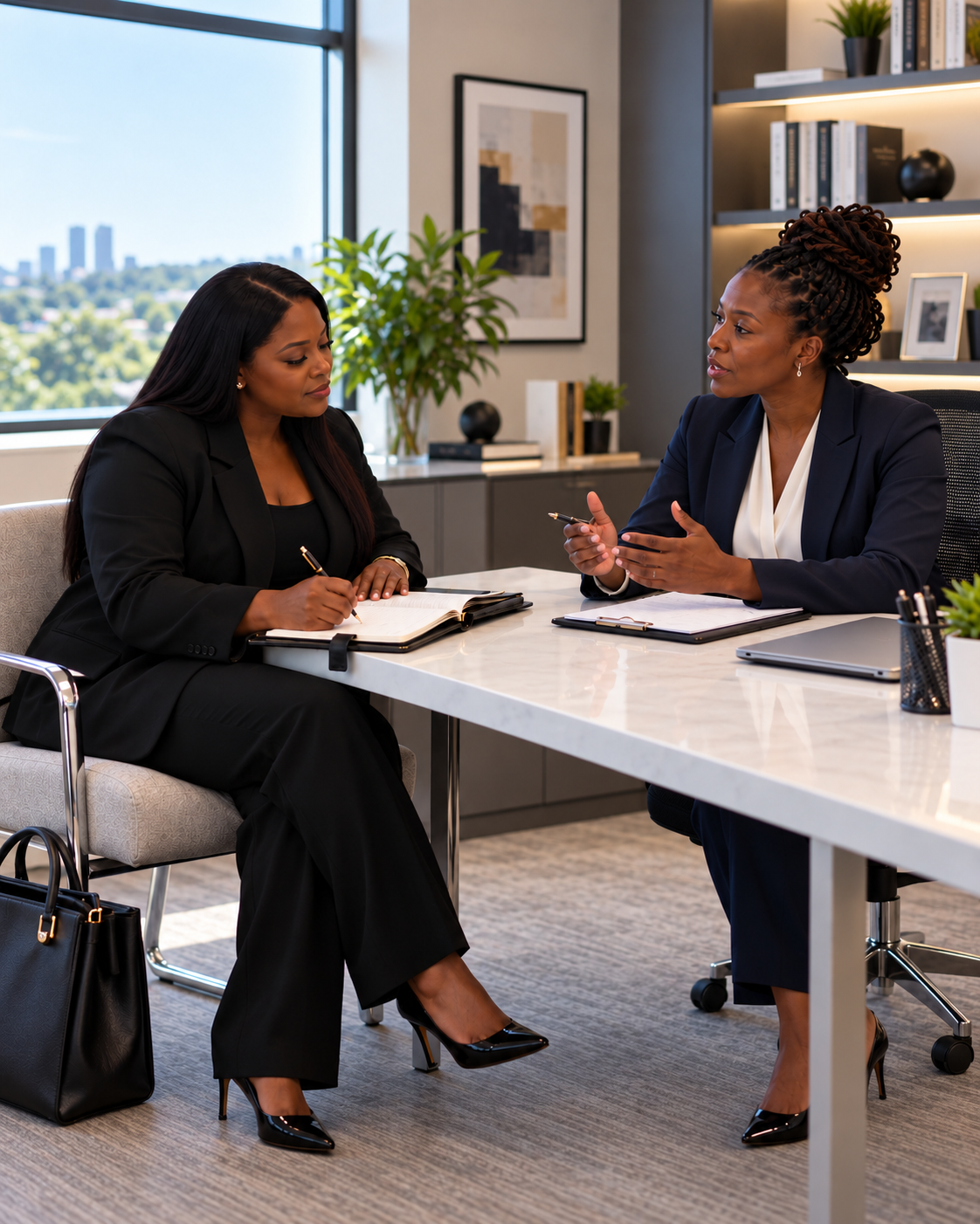 Two Black professionals seated at a marble conference desk in a modern office, one writing in an open notebook while the other explains a point during a Knowledge Lab session