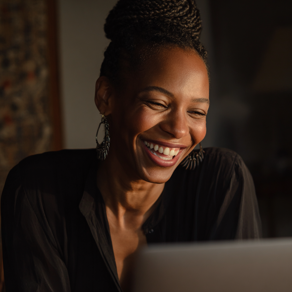 A professional woman smiling at her laptop during a virtual conversation
