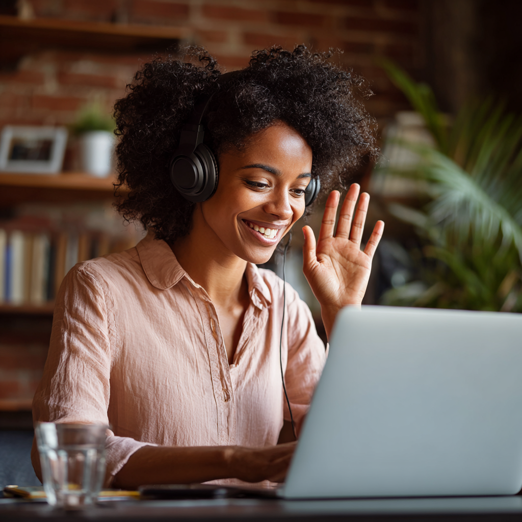 A Black professional learning online at her laptop